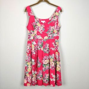 Monteau Dress Red Pink Linen Blend Floral A-Line